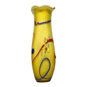 VIZ GLASS Studio Art Yellow Hand Blown Vase w/ Multicolor Abstract Details